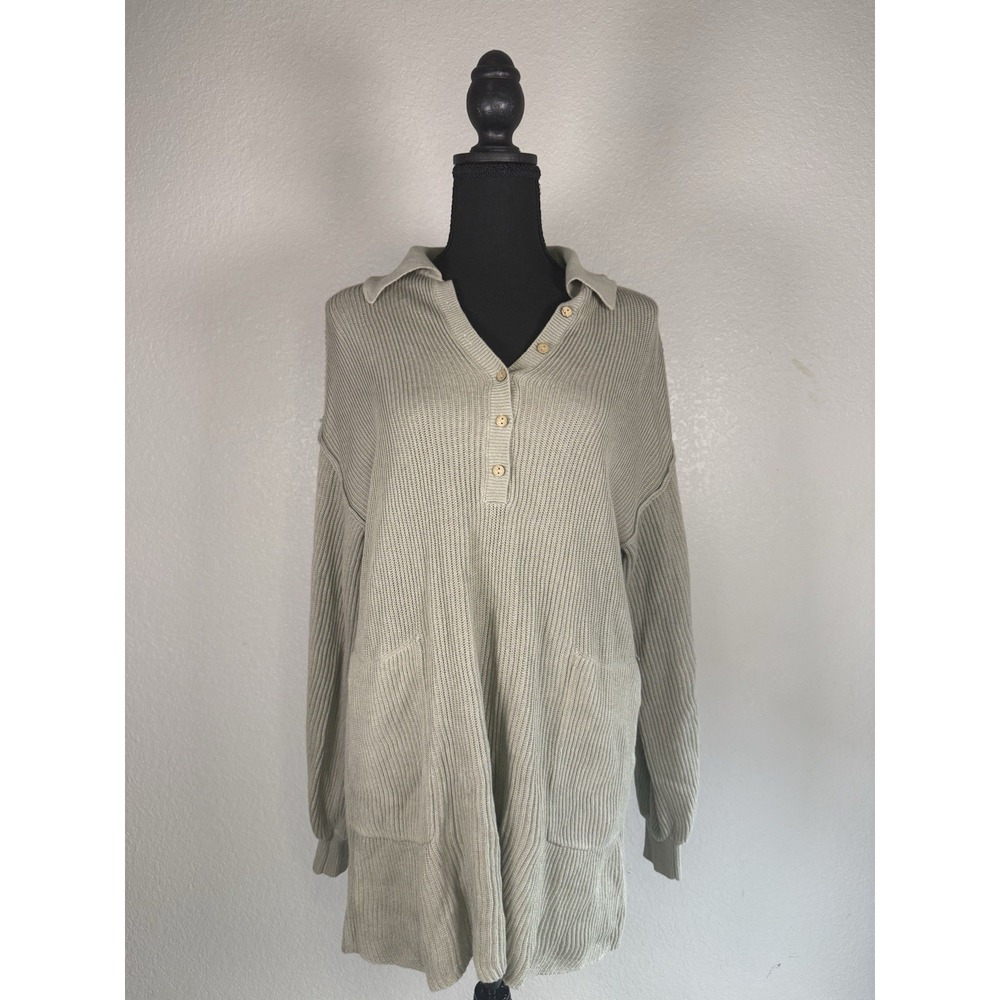 Free People‎ Beach Ribbed Knit Sweater Lapel Button & Pockets Size XS Boho